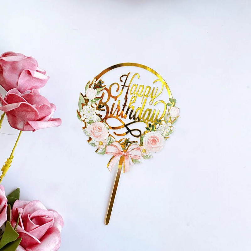 1 tk. Palju õnne sünnipäevaks koogikaunistus Uus akrüül kuldne lilleline roosikook koogi kaunistamise tööriistad lille vibu koogikaardi sisestamine