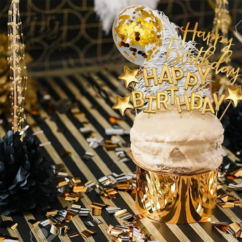 Златна декорация на торта за рожден ден Честит рожден ден Торта за торта Хартиени ветрила Банер Конфети Балон Фойерверки Златен топ за кексчета