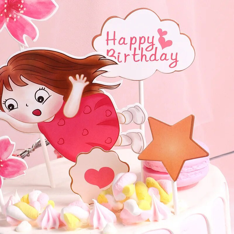 1 rinkinys Mergaitės širdelės torto kepuraitės jubiliejaus proga Su gimtadieniu Keksiukų keptuvės Žvaigždžių gėlės Kepimo vakarėlio vėliava Kūdikių dušo torto dekoras