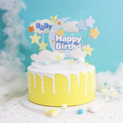 Clouds Cake Topper Happy Birthday Star Moon Cupcake Topper Party Dessert Wedding Decoration Baby Shower Консумативи за печене Направи си сам Розов