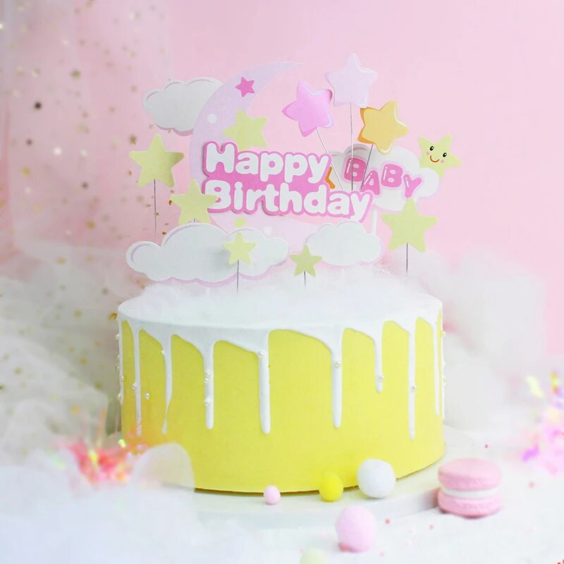 Debesų pyragas su gimtadieniu Star Moon Cupcake Topper Vakarėlis Desertas Vestuvių dekoravimas Kūdikių dušo kepimo reikmenys „pasidaryk pats“ rožinė