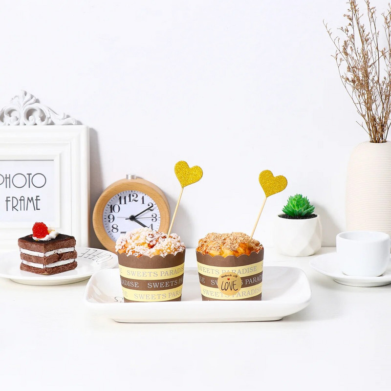 BESTOMZ 50 vnt. širdelės keksų tvarsčiai auksiniai blizgantys širdelės dideli keksiukai auksiniai vestuvės / vestuvės / kūdikių vakarėlis