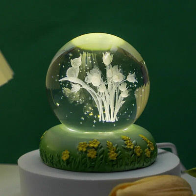 3D кристална топка Роза Карамфил Цвете Кристална топка Нощна лампа със светеща основа Стъклена топка Орнаменти Подарък за рожден ден на Ден на майката
