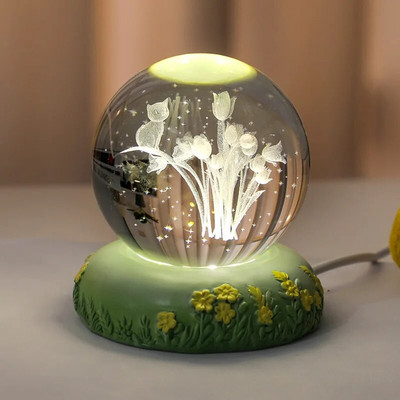 3D krištolinis rutulys, gvazdikas, gėlė, krištolinis rutulys, naktinis šviestuvas su žėrinčiais stiklo rutuliukų pagrindo ornamentais Motinos dienos gimtadienio dovana