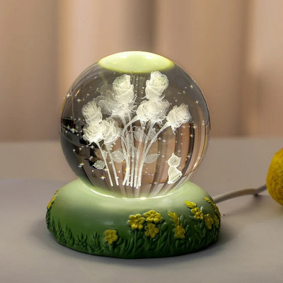 3D krištolinis rutulys, gvazdikas, gėlė, krištolinis rutulys, naktinis šviestuvas su žėrinčiais stiklo rutuliukų pagrindo ornamentais Motinos dienos gimtadienio dovana