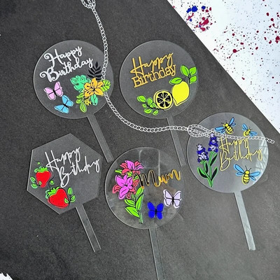 2023 Пеперуда с цвете Честит рожден ден Покривка за торта Прозрачен акрилен подарък за детско парти Покривки за торта Десерт за бебешко парти Декорация