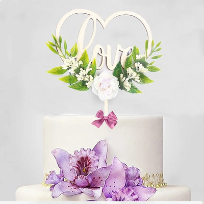 Ξύλινο Love Valentine`s Day CakeTopper Flower DIY Toppers Cake Wedding Party για διακόσμηση επιδόρπιου Αγίου Βαλεντίνου Δώρο επετείου