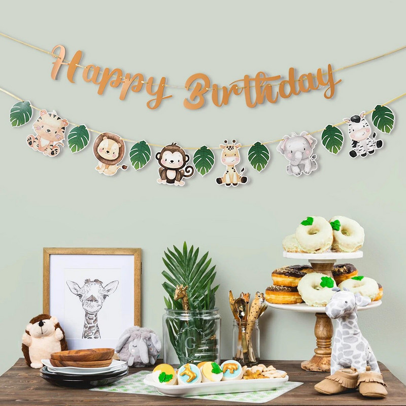 Jungle Animal Palju õnne sünnipäevaks Garlandi bänner Safari peotarbed 1. sünnipäeva peokaunistused Lastele Wild One Baby Shower Decor