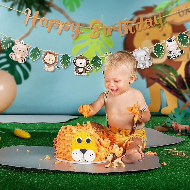 Jungle Animal Palju õnne sünnipäevaks Garlandi bänner Safari peotarbed 1. sünnipäeva peokaunistused Lastele Wild One Baby Shower Decor