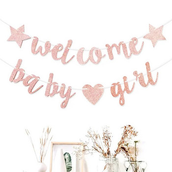 Διακοσμητικό Baby Shower Banner Ροζ πεντάκτινο Star Love Welcome Baby Girl Glitter Garland Party Decoration