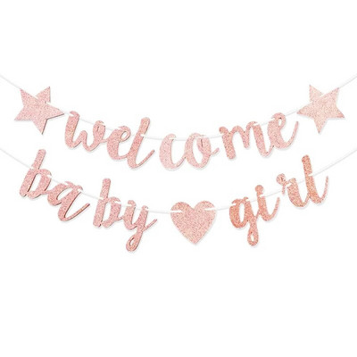Banner pentru decorațiuni pentru baby shower, stea cu cinci colțuri, dragoste, bun venit pentru fetiță, ghirlandă cu sclipici