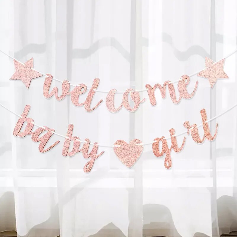 Banner pentru decorațiuni pentru baby shower, stea cu cinci colțuri, dragoste, bun venit pentru fetiță, ghirlandă cu sclipici