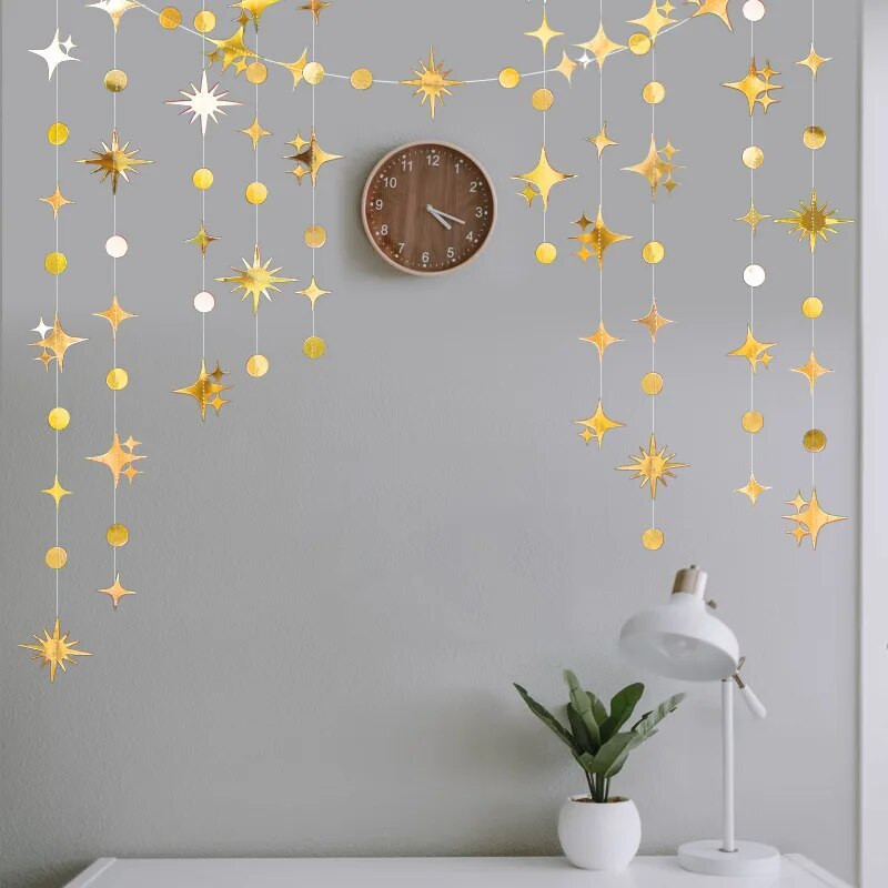 Laserpeegel, ümmargune täht, kuu kolmnurk, paberist vanikud, bänner jõuludeks pulmadeks Palju õnne sünnipäevaks festivalipeo rippkaunistus