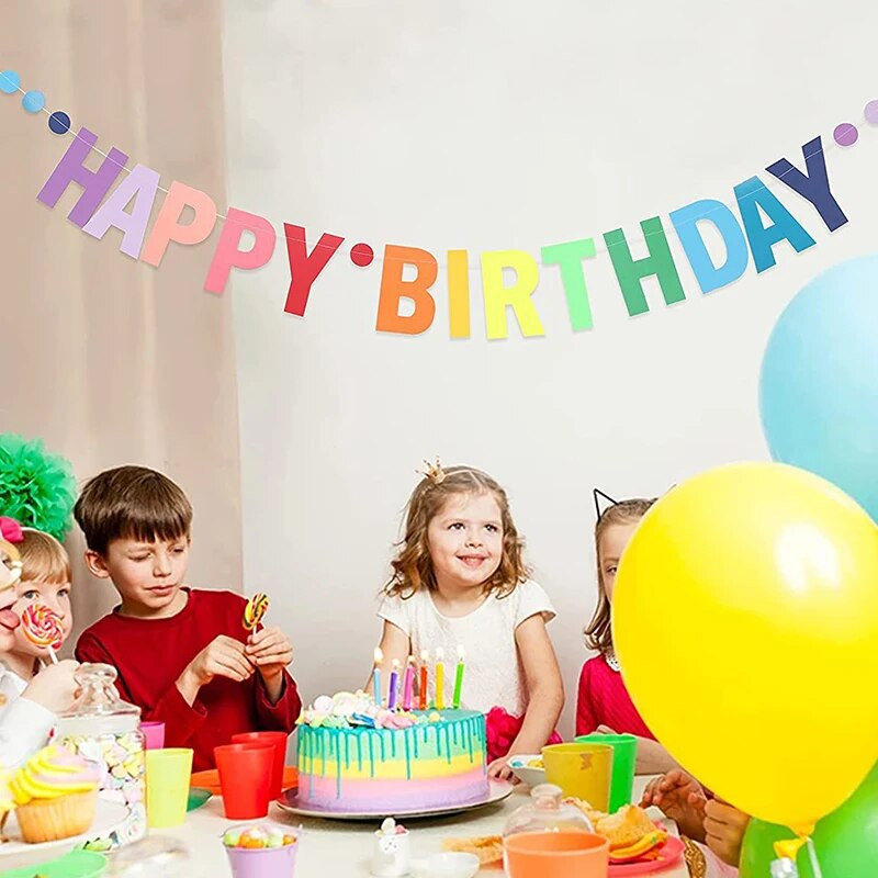 Vikerkaarevärviline bänner, paberist vanik, laste 1. sünnipäevapidu Rippuv lipukaunistus Ükssarvikuteemalised peotarbed