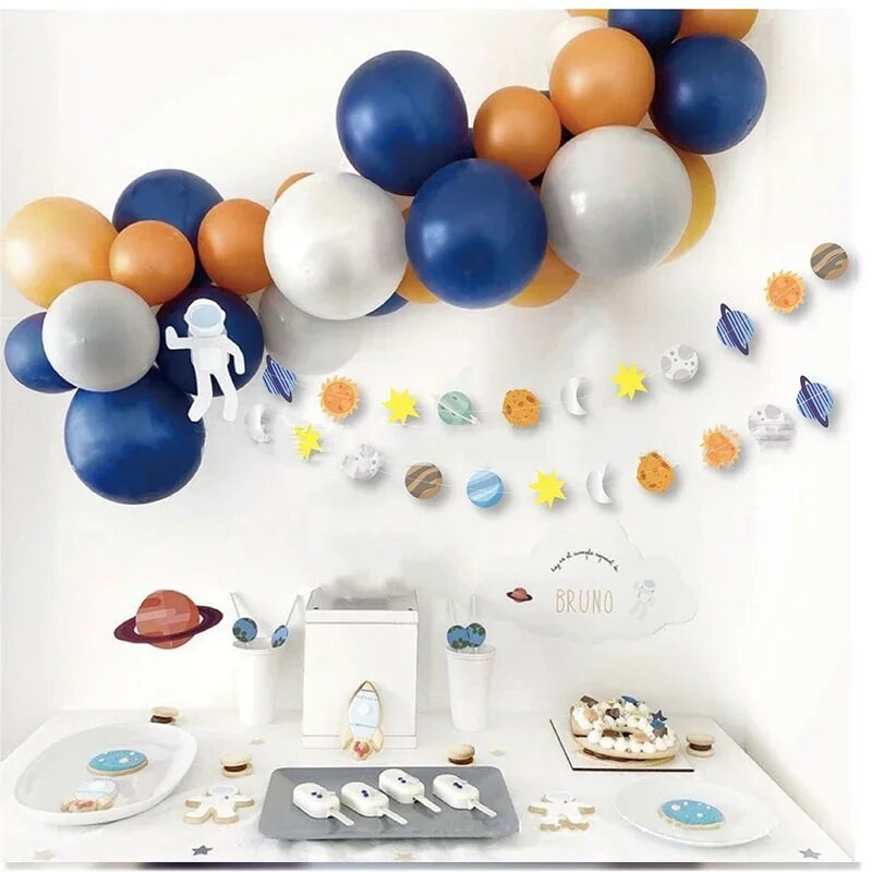 „Spaceman“ teminė reklamjuostė Aerokosmoso astronautų girlianda kosmoso raketos planetos reklamjuostė Su 1-uoju gimtadieniu Vakarėlio dekoravimas Vaikų berniukų palankumas