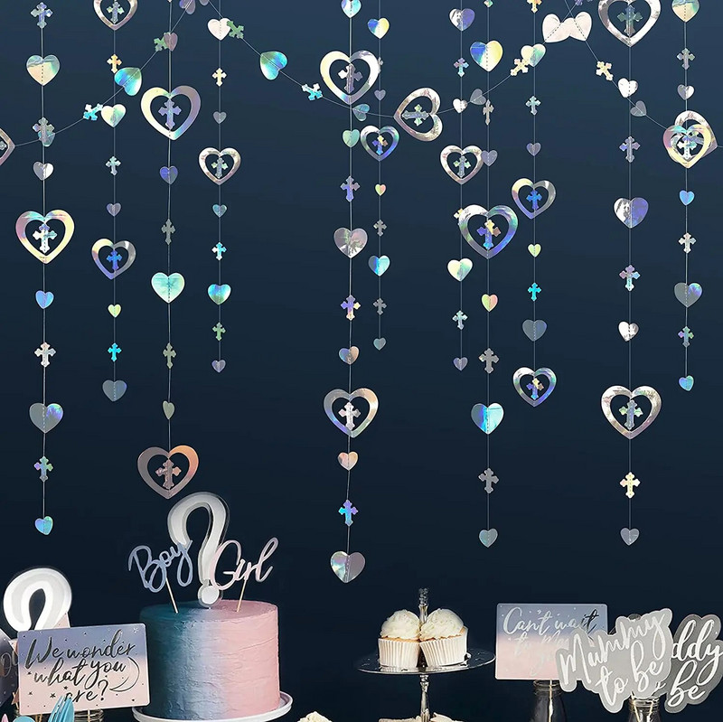 Ghirlande inimioare cu cruce iridescentă, pentru petrecere, botez, nuntă, decorațiuni pentru ziua de naștere, pentru băieți, fete, botez, baby shower, consumabile de hârtie