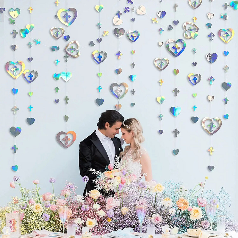 Ghirlande inimioare cu cruce iridescentă, pentru petrecere, botez, nuntă, decorațiuni pentru ziua de naștere, pentru băieți, fete, botez, baby shower, consumabile de hârtie