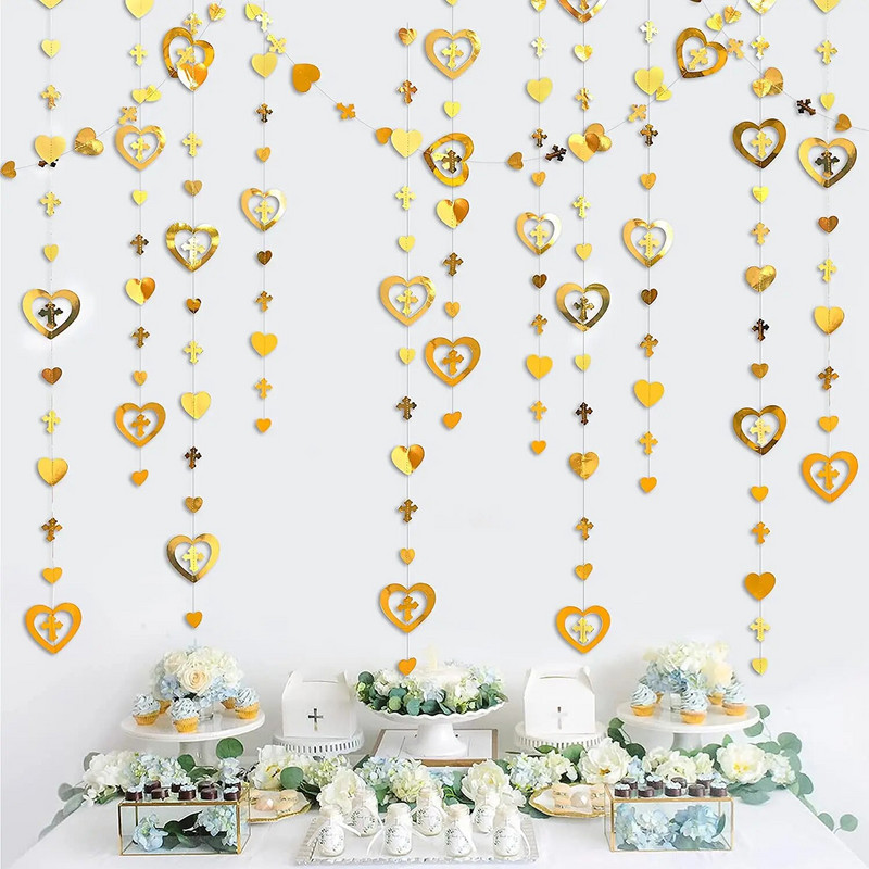 Ghirlande inimioare cu cruce iridescentă, pentru petrecere, botez, nuntă, decorațiuni pentru ziua de naștere, pentru băieți, fete, botez, baby shower, consumabile de hârtie