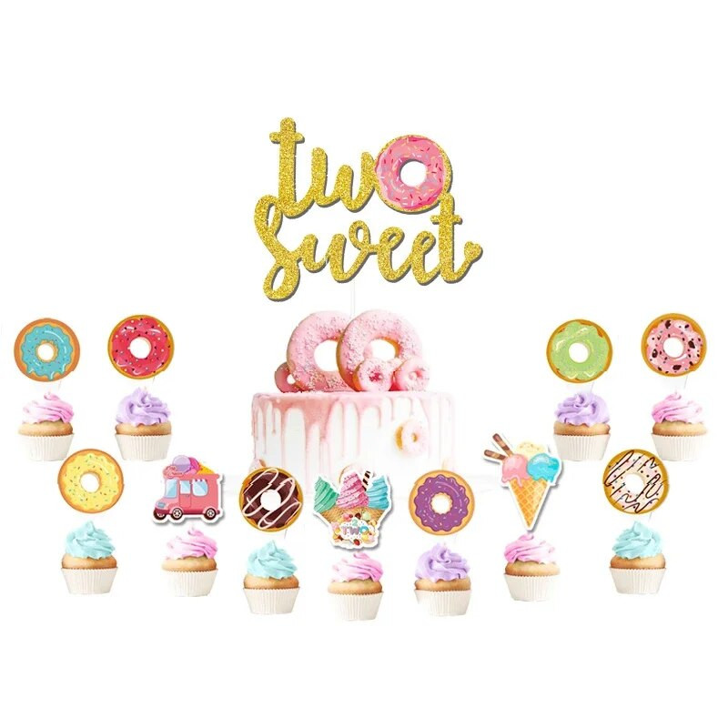 Candy Donut rajzfilm születésnapi parti fagylalt szalagfüzér tortalapát két édes lány 1. születésnapi nyári parti babaváró