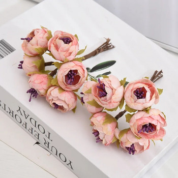 6PCS Мини изкуствени цветя Букет от рози Декорация за сватбено тържество Направи си сам Ръчно изработен венец Подарък Скрапбукинг Занаят Фалшиви цветя