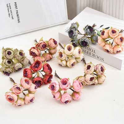 6PCS Mini umjetni cvjetni buket ruža Dekoracija za svatove DIY Ručno izrađeni vijenac Poklon Scrapbooking Lažno cvijeće