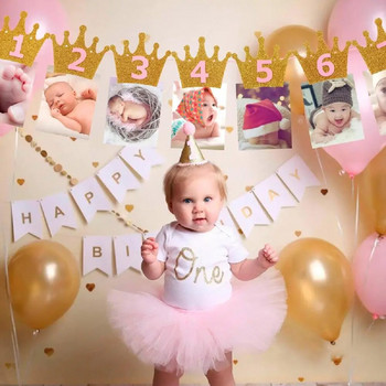 QIFU Crown Честит рожден ден Банер с клип за снимки 1st Birthday Party Decor Kid Babyshower One Year Bunting Garland First Birthday