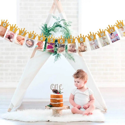 QIFU Crown Happy Birthday Banner s foto klipom Dekoracija za zabavu za 1. rođendan Kid Babyshower Jednogodišnji vijenac od strnadi Prvi rođendan