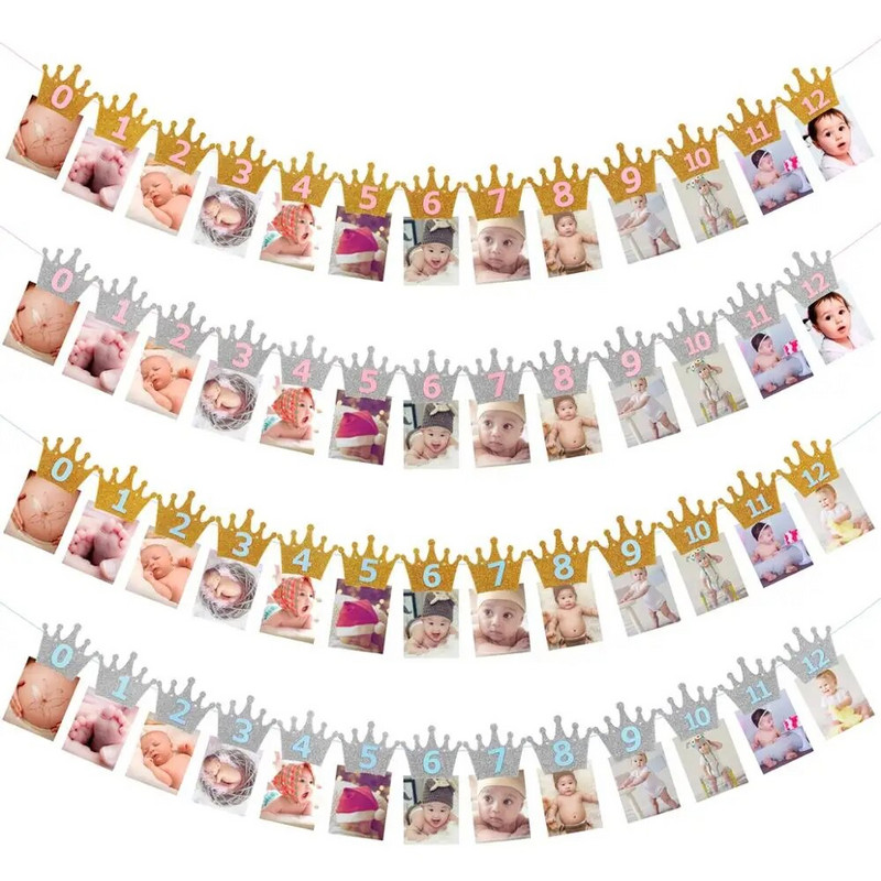 QIFU Crown reklamjuostė su gimtadienio proga su foto klipu 1-ojo gimtadienio vakarėlio dekoracija Vaiko dušas vienerių metų girlianda, pirmasis gimtadienis