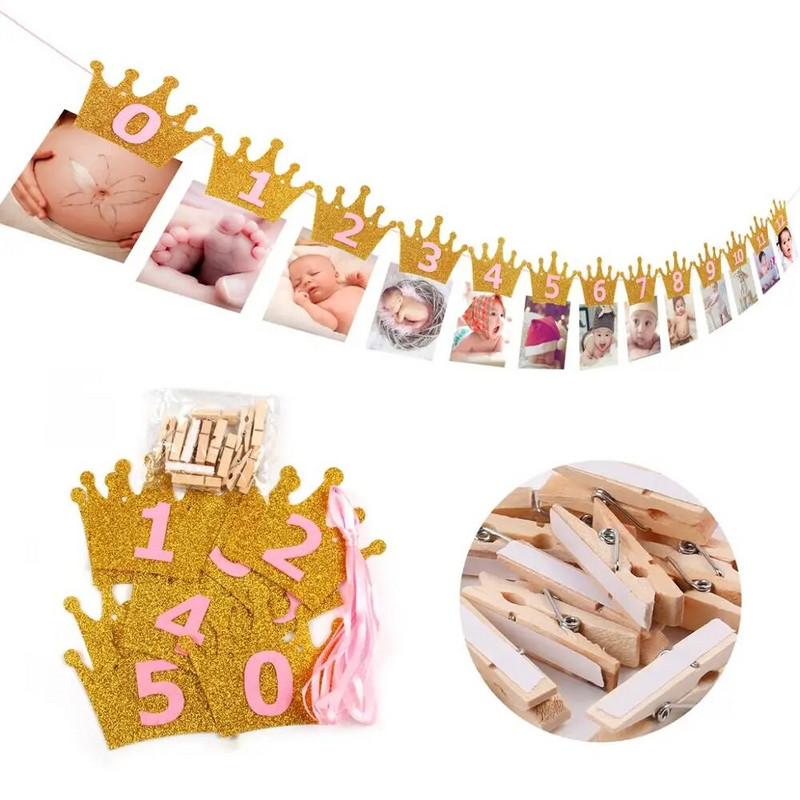 QIFU Crown reklamjuostė su gimtadienio proga su foto klipu 1-ojo gimtadienio vakarėlio dekoracija Vaiko dušas vienerių metų girlianda, pirmasis gimtadienis