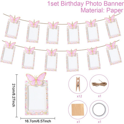 1. Butterfly születésnapi fotószalag füzér 12 hónapos képkeret szalaghirdetés 1. kislány 1 egy éves születésnapi kellékek