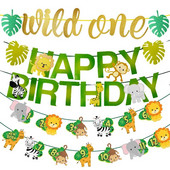 Džiunglių gimtadienio vakarėlio dekoravimas Gyvūnų ryšulių reklamjuostė Girliandos Safari Wild One 1 metų Kūdikio gimtadienio dekoravimo vakarėlio reikmenys
