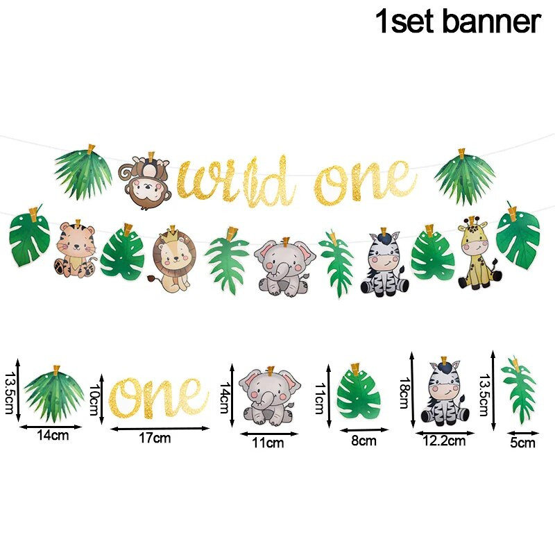 Džiunglių gimtadienio vakarėlio dekoravimas Gyvūnų ryšulių reklamjuostė Girliandos Safari Wild One 1 metų Kūdikio gimtadienio dekoravimo vakarėlio reikmenys