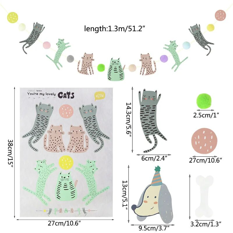 Kassikoera lemmikloomapeo lipp Garland Multifilm Palju õnne sünnipäevaks Kaunistus Armas koera ja kassi looma paberibänner isetegemise lemmikloomapeo tarvikute jaoks