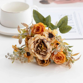 1 μπουκέτο πορτοκαλί τριαντάφυλλο τεχνητά λουλούδια Παιώνια φθινοπωρινά μεταξωτά ψεύτικα λουλούδια για DIY Σαλόνι Σπίτι Κήπος Διακόσμηση γάμου