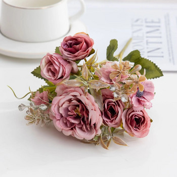 1 μπουκέτο πορτοκαλί τριαντάφυλλο τεχνητά λουλούδια Παιώνια φθινοπωρινά μεταξωτά ψεύτικα λουλούδια για DIY Σαλόνι Σπίτι Κήπος Διακόσμηση γάμου