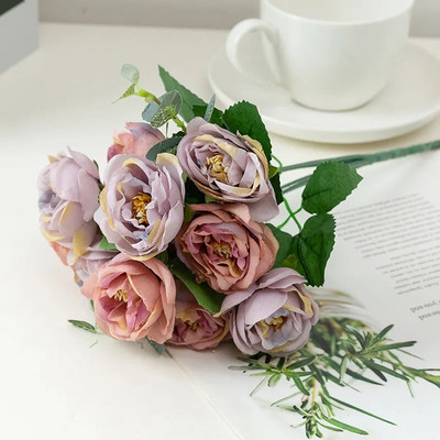 32 cm rožių rožinės spalvos šilko bijūnų dirbtinių gėlių puokštė su 5 didelėmis galvomis ir 4 pumpurais pigios netikros gėlės namų vestuvių dekoravimui patalpose