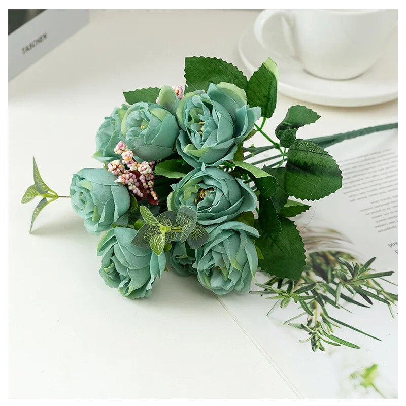 32 cm rožių rožinės spalvos šilko bijūnų dirbtinių gėlių puokštė su 5 didelėmis galvomis ir 4 pumpurais pigios netikros gėlės namų vestuvių dekoravimui patalpose