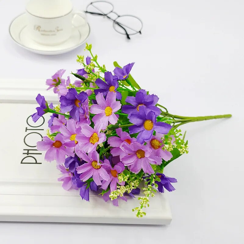 Dirbtinių gėlių puokštė, šilkinė Daisy, vidaus ir lauko dekoravimui, namams ir biurui, 28 galvutės, 1 vnt.