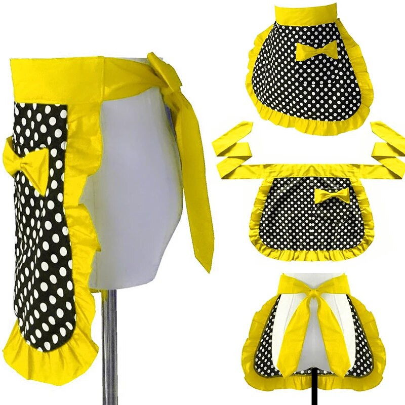 Fél vállpántos aranyos hercegnős kötény pamut féltestű rövid kis kötény női háztartáshoz, konyhai kertészkedéshez. Pöttyös munkakötények