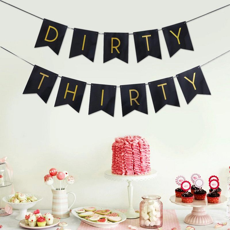 Garland Decor Gimtadienio vakarėlio dekoracijos Nešvarios trisdešimties raidžių auksinės žuvelės uodegos traukiamos vėliavos popierinė reklamjuostė (juoda)