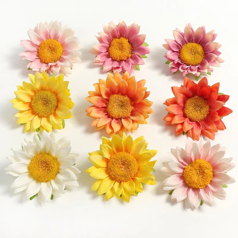 Dirbtinių saulėgrąžų gėlių galvutės 9 cm netikros gėlės namų dekoravimui sodo vestuvių dekoravimui „pasidaryk pats“ amatų girliandų priedai