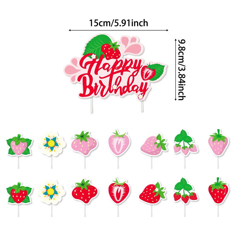 Puuvilja-maasikateemaline peokaunistus, maasikaga palju õnne sünnipäevaks tõmbamislipp, koogivahetükid, 12-tolline lateksist maasika õhupallikomplekt