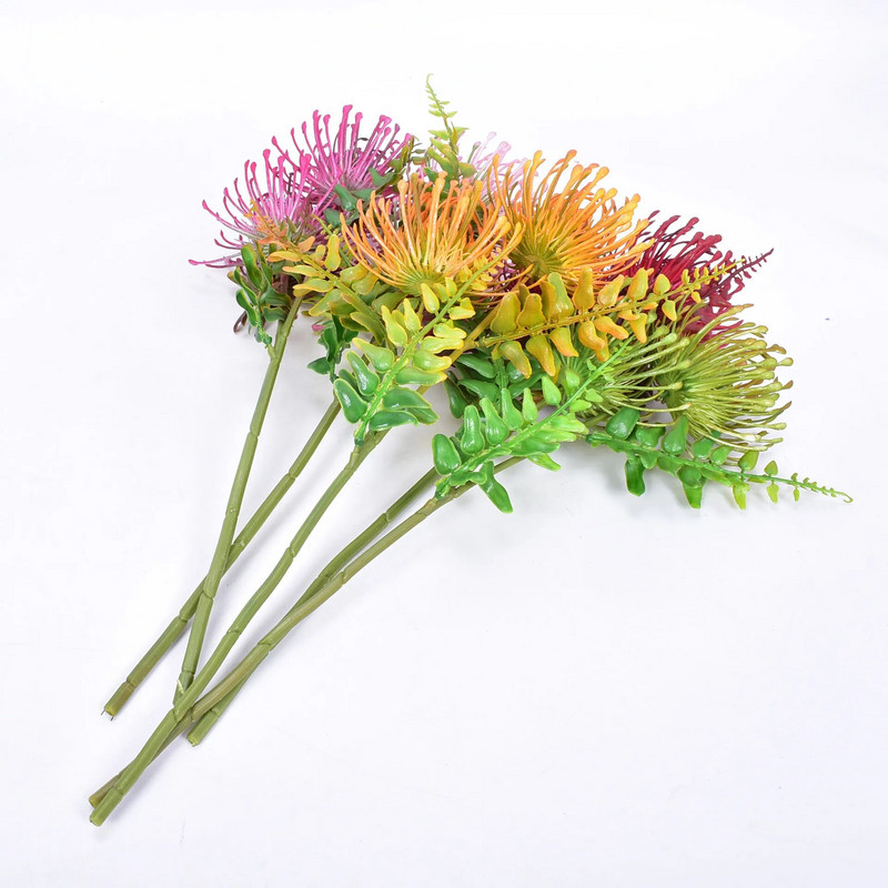 Dirbtinė chrizantema rutulinė gėlė Leucospermum puokštė stiebo plastikinė hortenzija vestuvių renginių vakarėliui, namų sodo dekoravimui