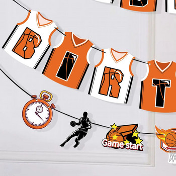 Τούρτες για πάρτι με θέμα το μπάσκετ, ένθετα κέικ μπάσκετ, χάρτινο πανό Happy Birthday, σημαία γενεθλίων με φανέλες μπάσκετ