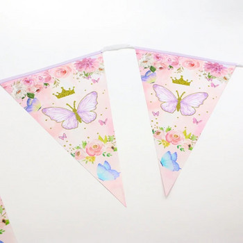 1Strings Butterfly Flower Purple Pink Triangle Flag Pull Flag For Girl\'s Butterfly Birthday Decor Банер за следобедно чаено парти