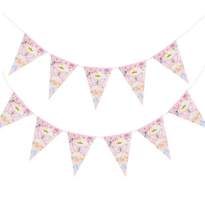 1Strings Butterfly Flower Purple Pink Triangle Flag Pull Flag For Girl`s Butterfly Birthday Decor Банер за следобедно чаено парти