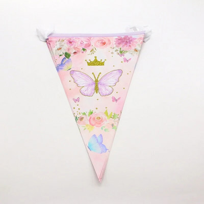 1strings Butterfly Flower Μωβ ροζ σημαία Τρίγωνο Σημαία έλξης για κοριτσίστικη διακόσμηση γενεθλίων πεταλούδα Banner Απογευματινό Tea Party