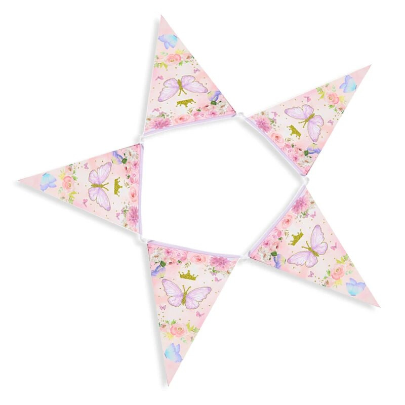 1Styginių drugelio gėlė Purpurinė rožinė trikampė vėliavėlė Ištraukiama vėliavėlė mergaitės drugelio gimtadienio dekoravimui popietės arbatos vakarėlio reklamjuostė