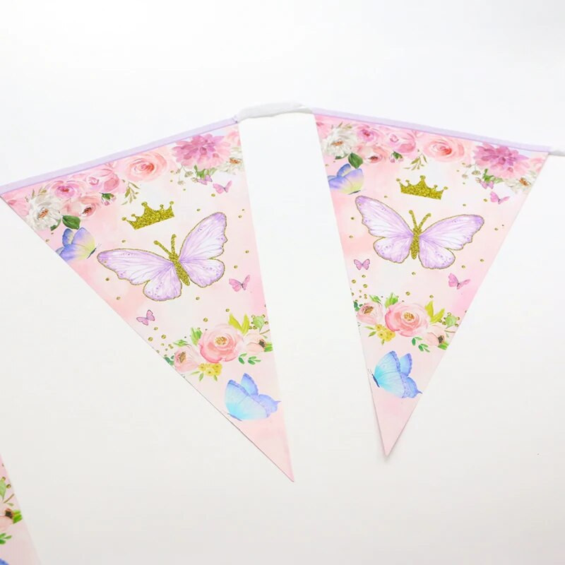 1Styginių drugelio gėlė Purpurinė rožinė trikampė vėliavėlė Ištraukiama vėliavėlė mergaitės drugelio gimtadienio dekoravimui popietės arbatos vakarėlio reklamjuostė