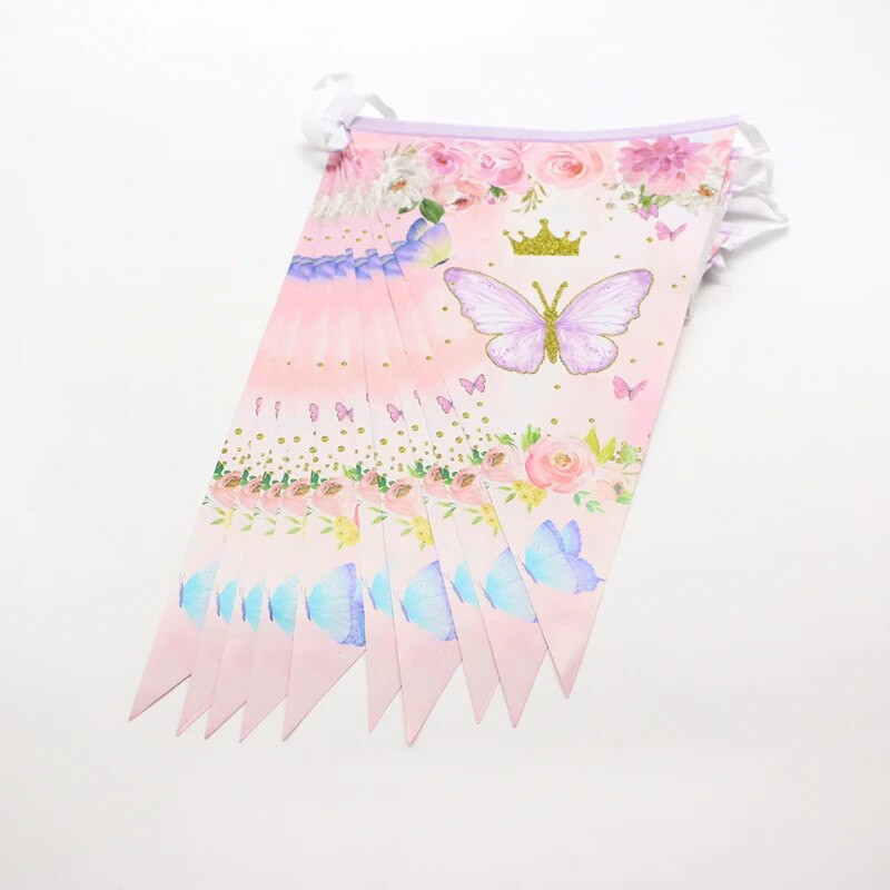 1Styginių drugelio gėlė Purpurinė rožinė trikampė vėliavėlė Ištraukiama vėliavėlė mergaitės drugelio gimtadienio dekoravimui popietės arbatos vakarėlio reklamjuostė